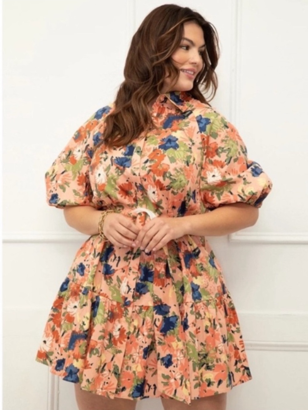 Eloquii Coral Floral Puff-Sleeve Mini Dress